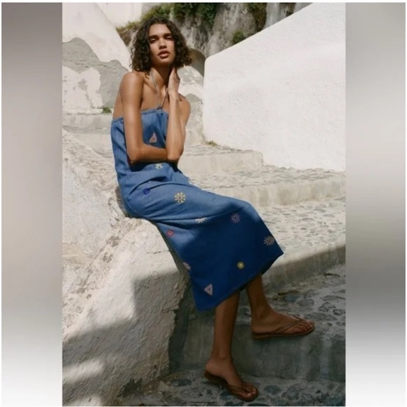 Zara Denim Embroidered Geo Shapes Midi Halter Dress XS - Picture 2 of 16